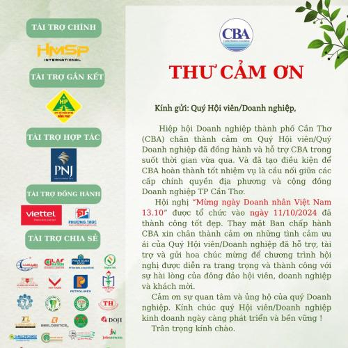 Thư Cảm Ơn & Tri Ân Nhà Tài Trợ Đồng Hành Cùng CBA Cần Thơ
