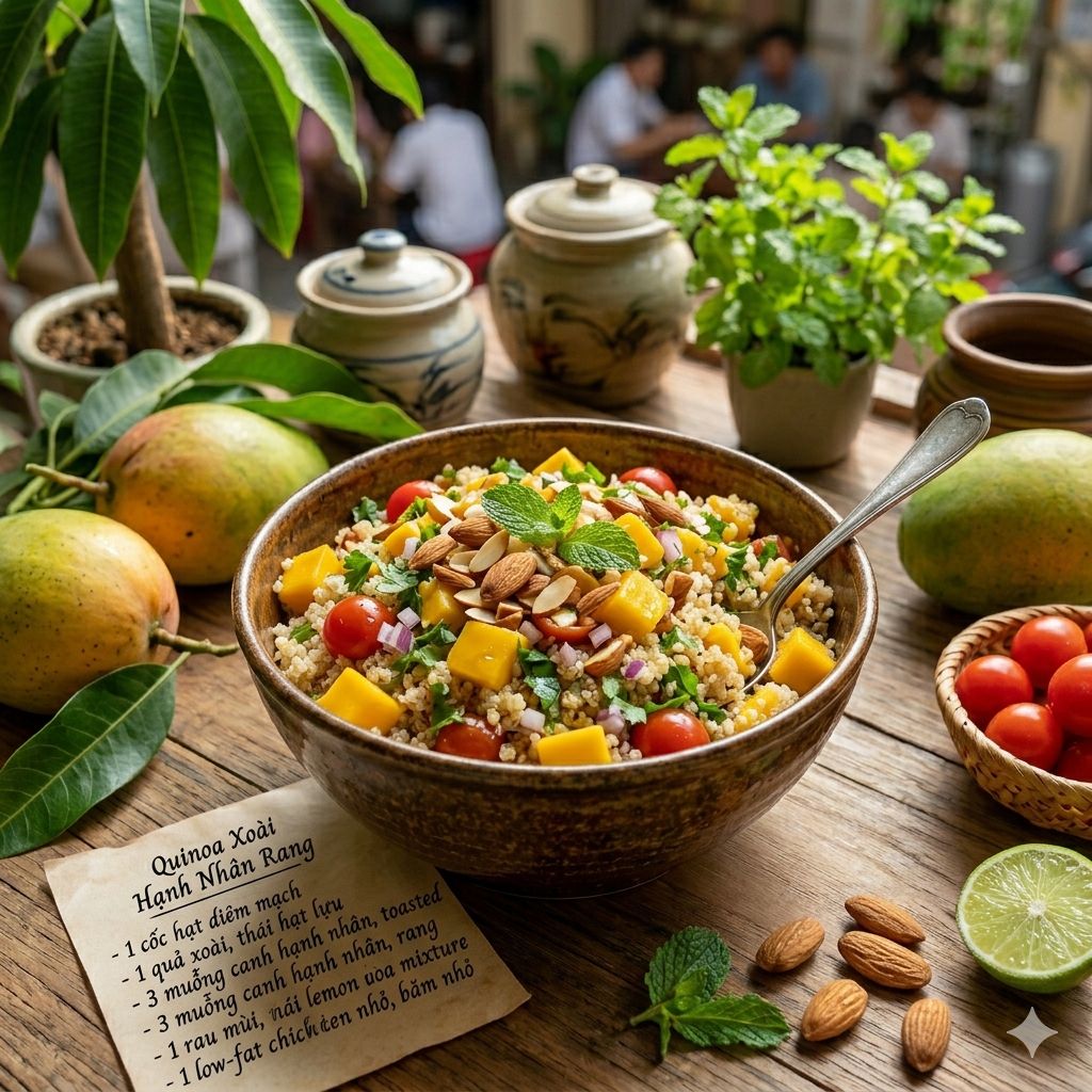 Quinoa với cà chua, xoài và hạnh nhân bao nhiêu calo?