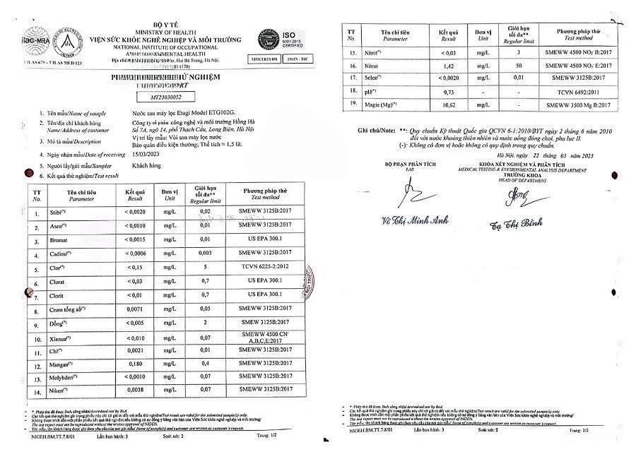 3. Phiếu kết quả test kiểm định nước qua máy ion kiềm