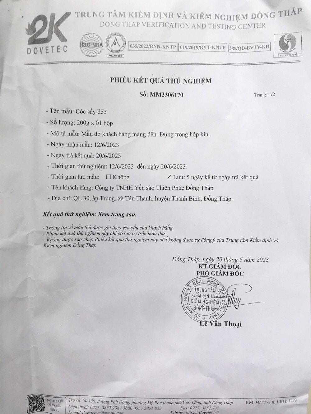 Phiếu kiểm nghiệm Cóc Sấy Dẻo