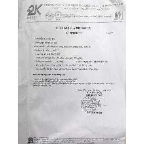 Phiếu kiểm nghiệm Cóc Sấy Dẻo