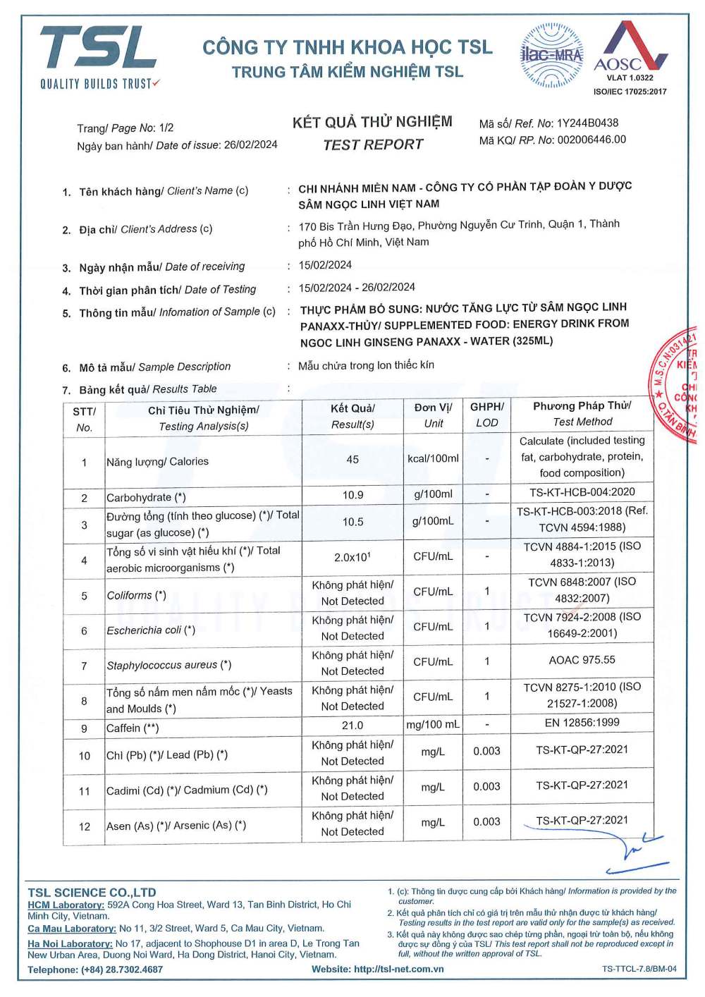 Giấy kết quả mẫu thử nghiệm sản phẩm
