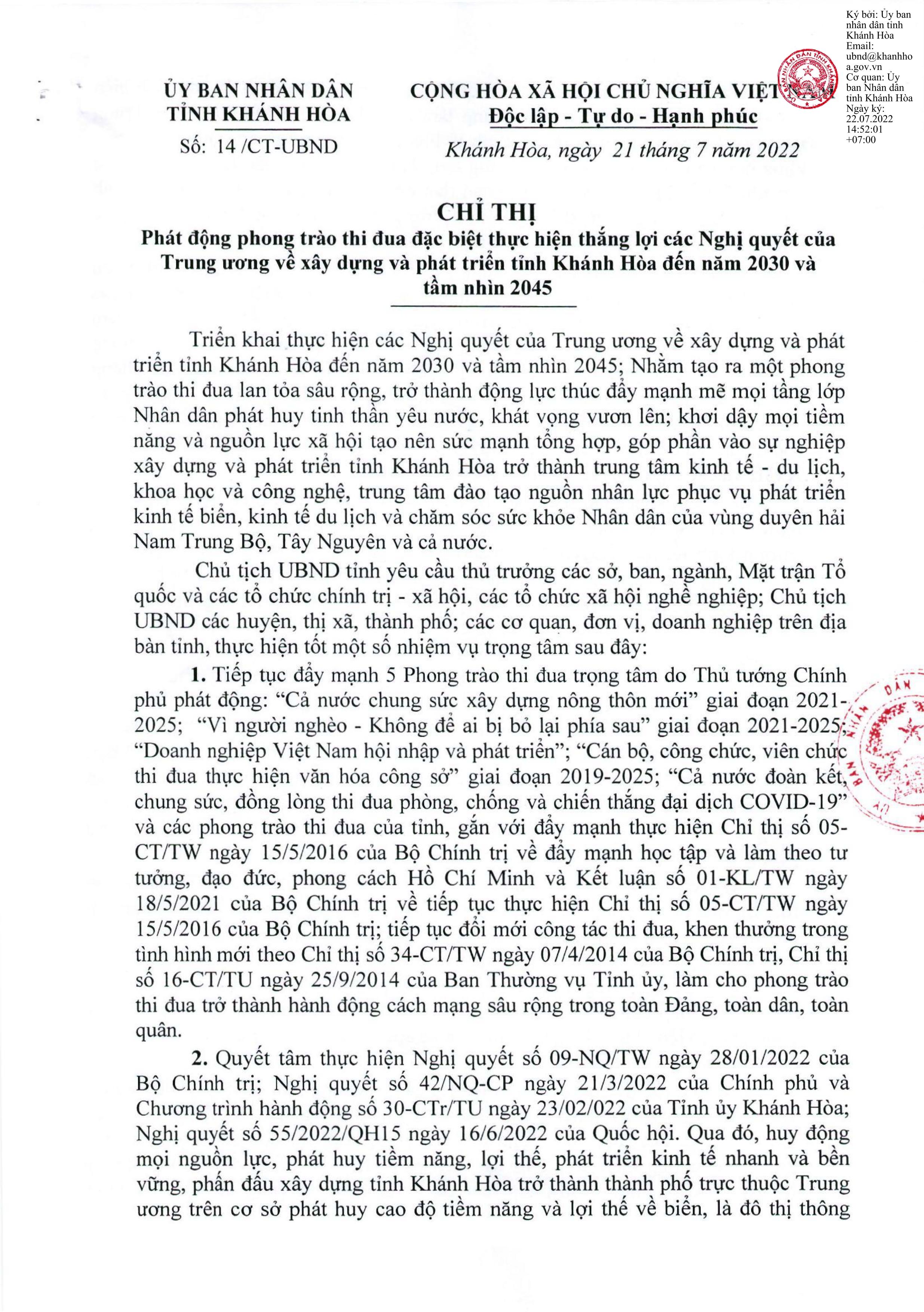 Chỉ Thị Phát Động Phong Trào Thi Đua Đặc Biệt Thực Hiện Thắng Lợi Các Nghị Quyết Của Trung Ương Về Xây Dựng Và Phát Triển Tỉnh Khánh Hòa Đến Năm 2030 Và Tầm Nhìn 2045
